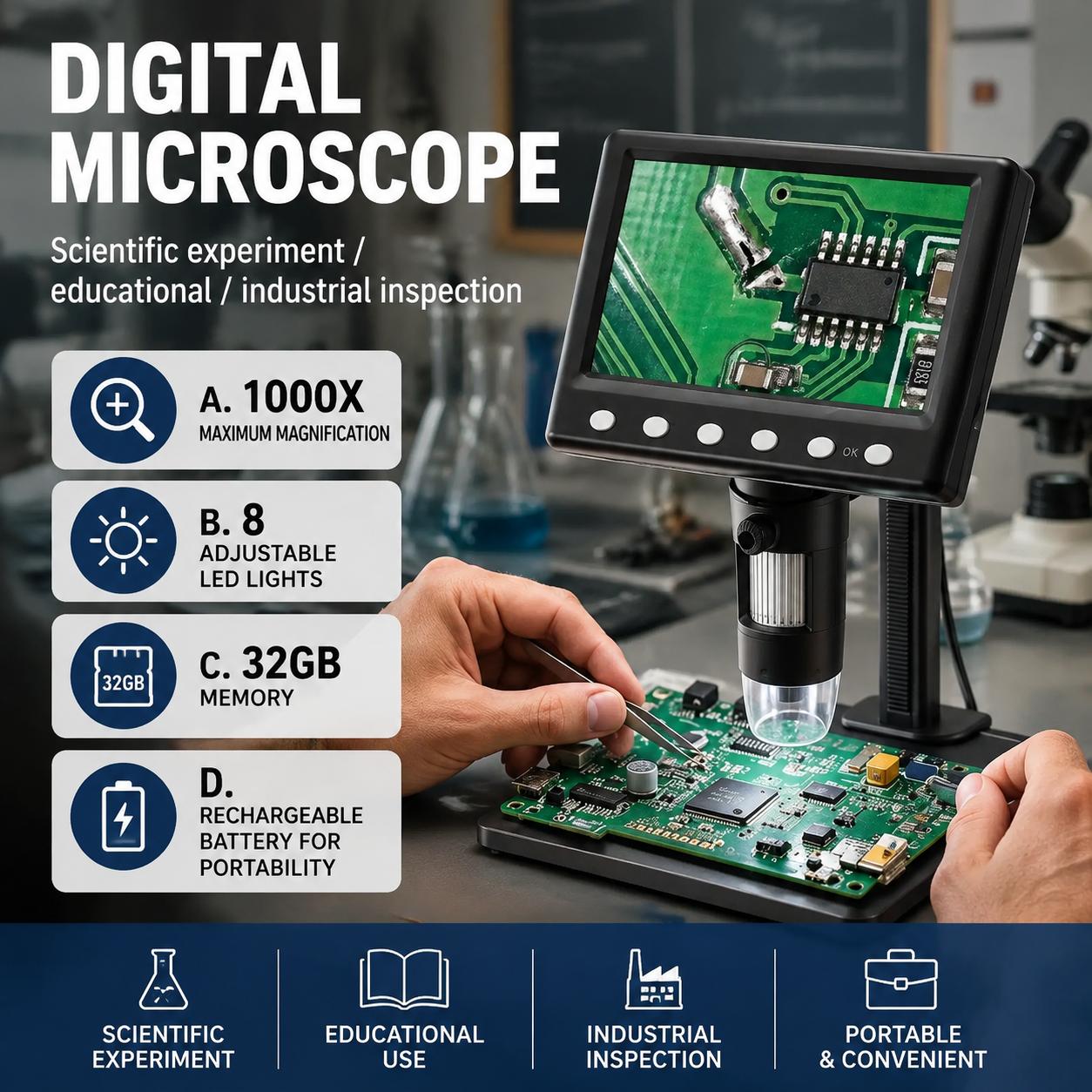 Diy Microscope For Electronics Repair - 검사용 현미경 1000배율, 8개 LED 조명